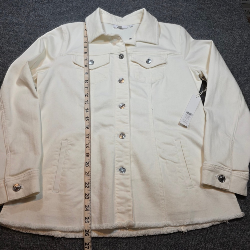NWT Chico's 1 Medium White Mid-Length Denim Jacket Fray Hem Side Slits Shacket - Picture 12 of 16